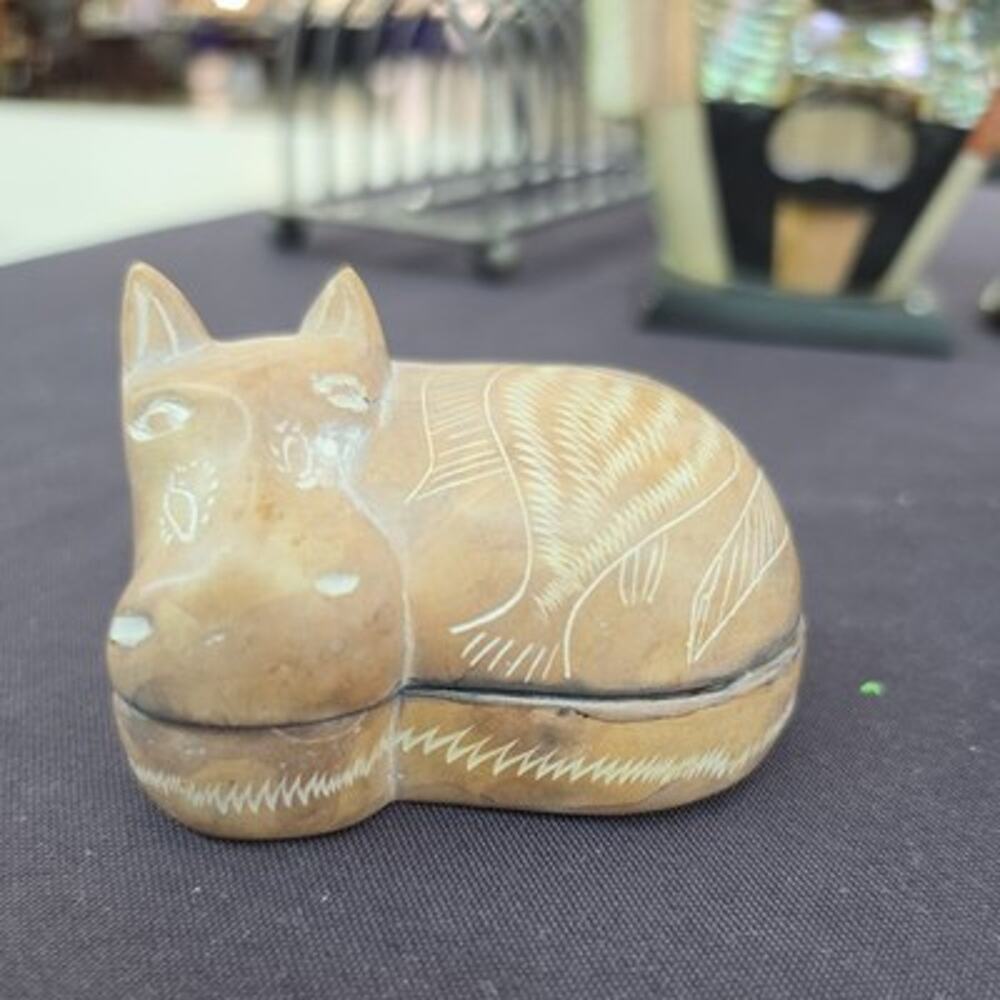 Vintage Hand Carved African Soapstone Hippo Trinket Box Hippopotamus Sculpture